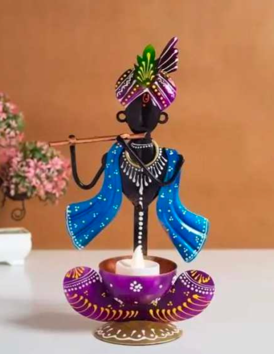 Krishna T-Light Holder Table Decor – Decorative Metal Krishna Candle Holder for Home & Spiritual Decor