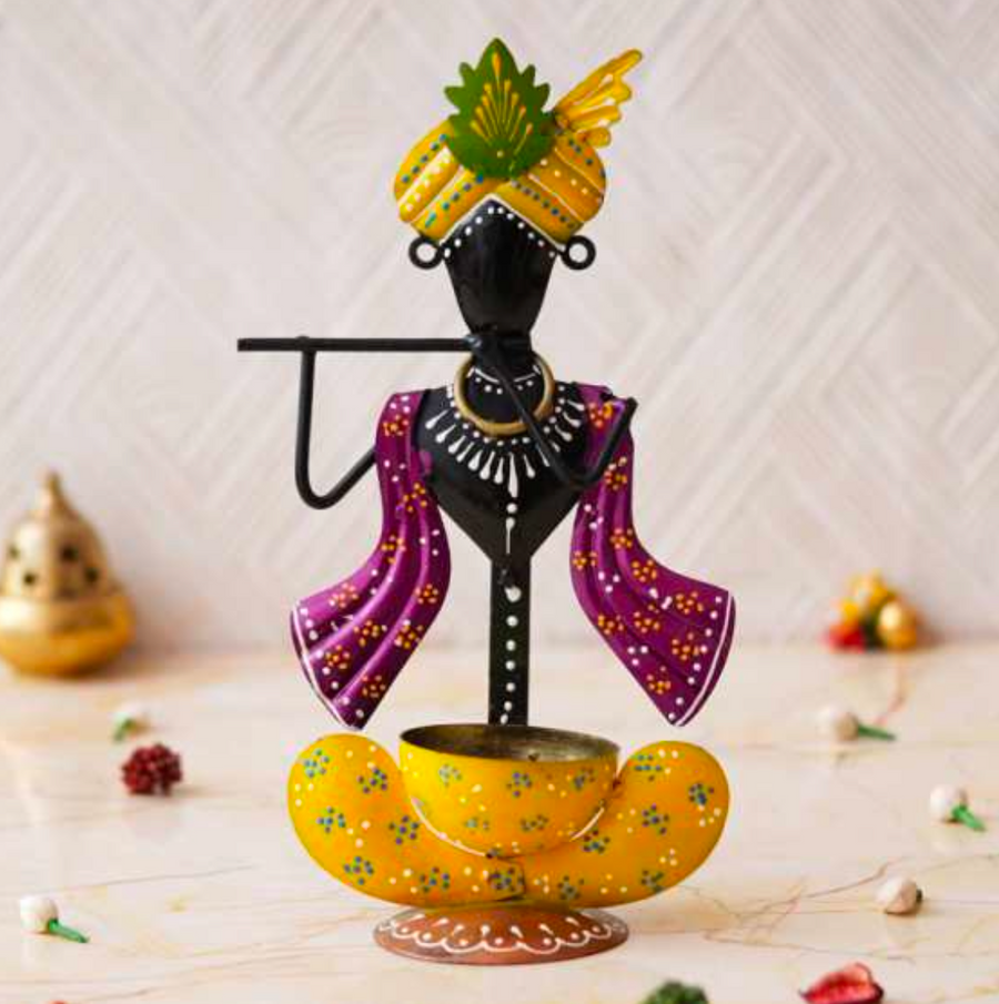 Krishna T-Light Holder Table Decor – Decorative Metal Krishna Candle Holder for Home & Spiritual Decor