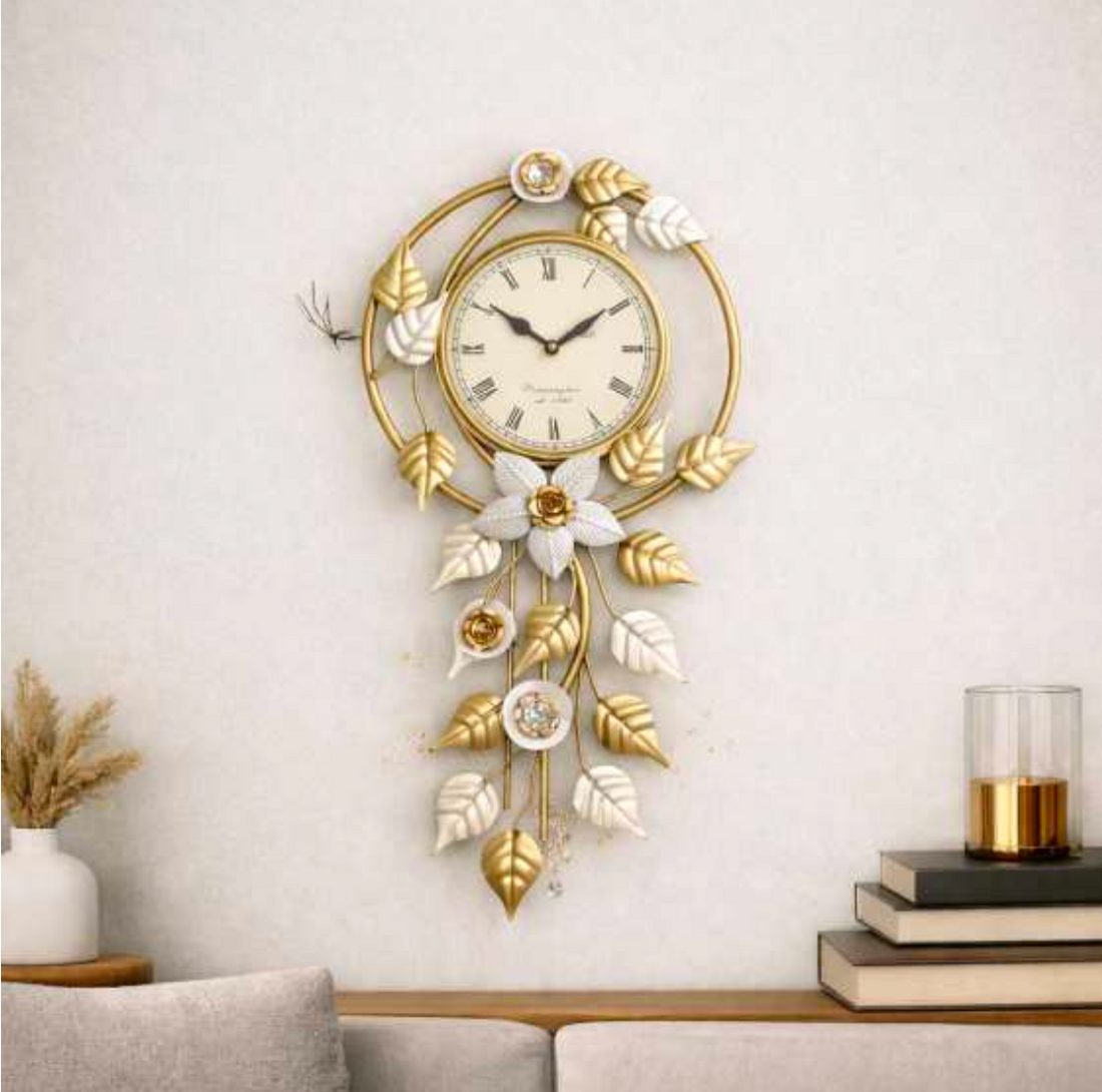 Hanging Leaves Wall Clock 14" x 30" – Decorative Metal Leaf Wall Clock for Living Room & Home Decor