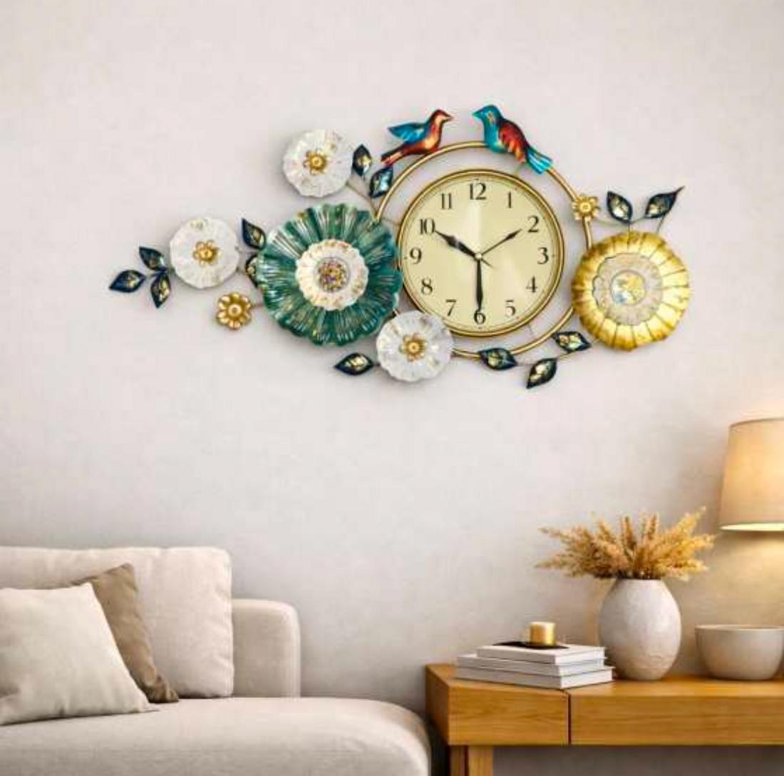 Birds and Flowers Wall Clock – Decorative Metal Wall Clock for Living Room & Home Decor