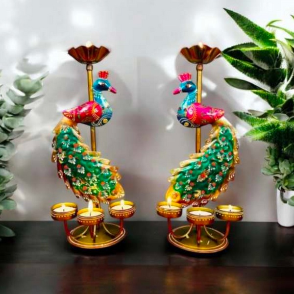 Vertical Peacock T-Light Table Decor 13 x 5 x 6 Inch – Decorative Metal Peacock Candle Holder for Home Decor