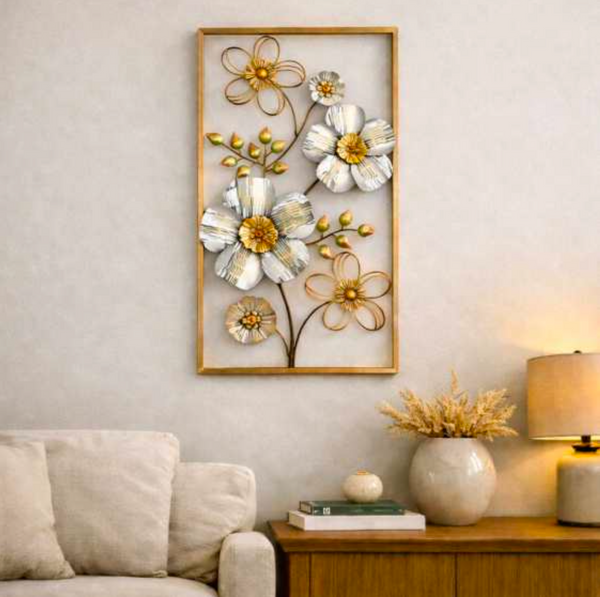 Vertical Framed Floral Metal Wall Art 22" x 37" – Decorative Flower Wall Decor for Living Room & Home Interiors