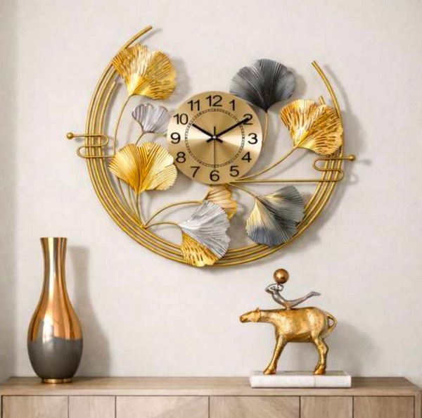 Contemporary Ginkgo Wall Clock 30 Inch – Modern Metal Nature Wall Clock for Living Room & Home Decor