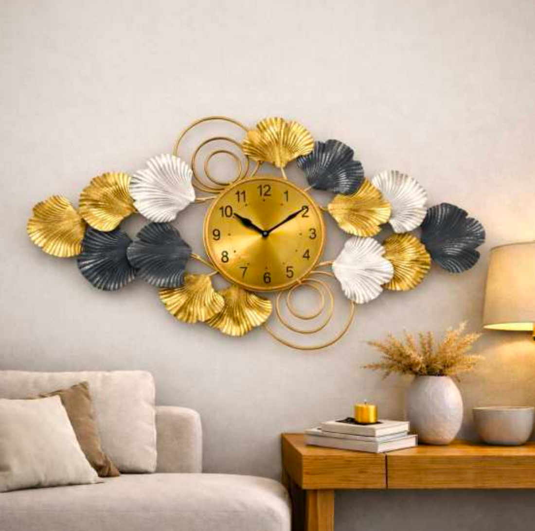 Horizontal Ginkgo Leaf Accent Wall Clock 40" x 26" – Decorative Metal Nature Wall Clock for Living Room & Home Decor