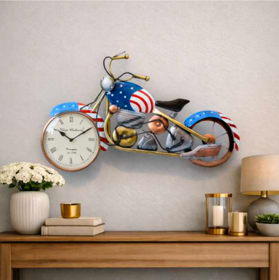 Motorcycle Wall Clock 27" x 15" – Decorative Metal Bike Wall Clock with 8 Inch Clock for Living Room & Home Decor