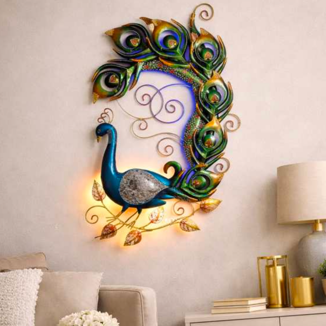 Peacock with Gold Accent Wall Art 24" x 36" – Decorative Metal Peacock Wall Decor for Living Room & Home Interiors