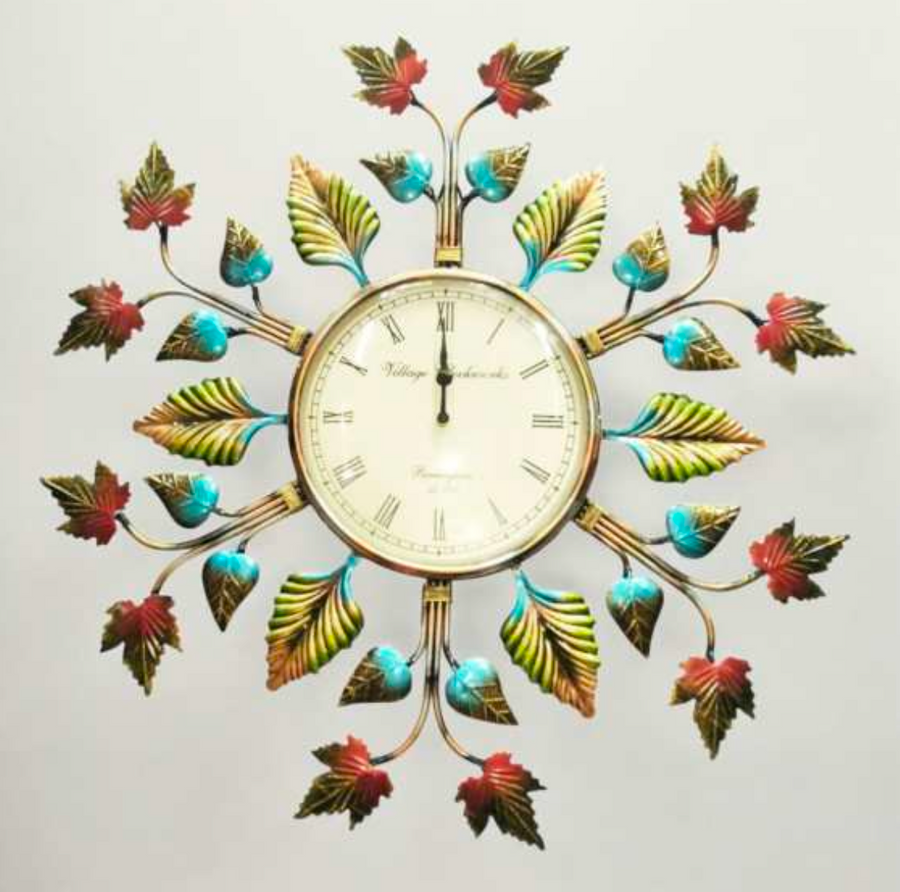 Maple Leaves Wall Clock 26 Inch – Decorative Metal Leaf Wall Clock for Living Room & Home Decor