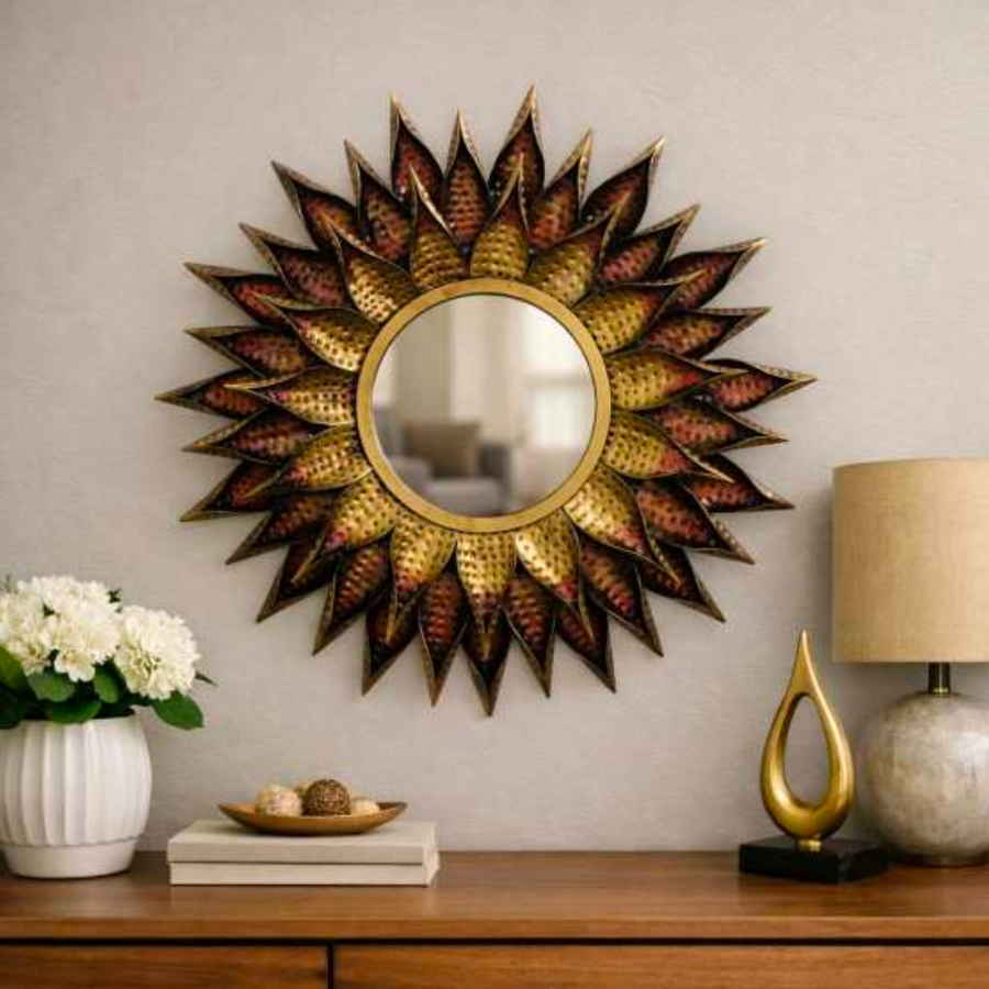 Bronze-Gold Sunflower Wall Mirror 36 Inch – Decorative Floral Wall Mirror for Living Room & Home Decor