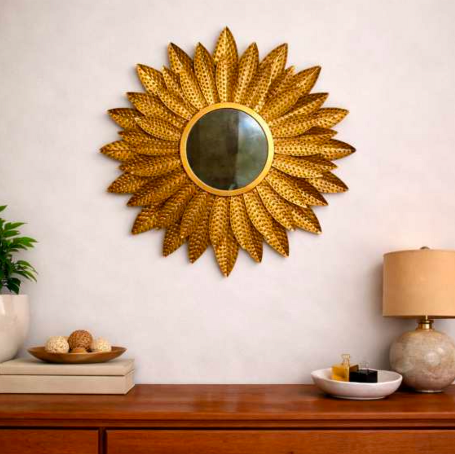 Golden Flower Wall Mirror 36 Inch – Decorative Floral Gold Wall Mirror for Living Room & Home Decor