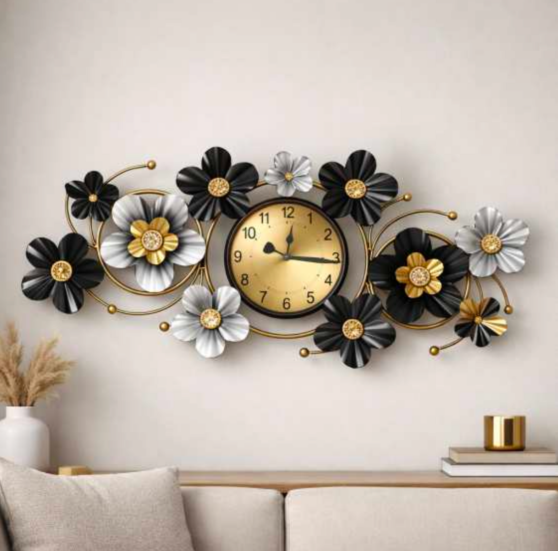 Floral Metal Wall Clock 42" x 19" – Decorative Flower Wall Clock for Living Room & Home Decor