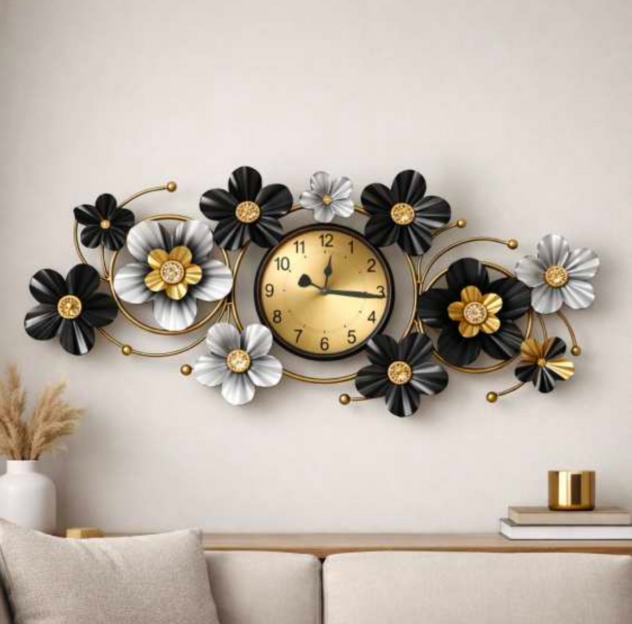 Floral Metal Wall Clock 42" x 19" – Decorative Flower Wall Clock for Living Room & Home Decor