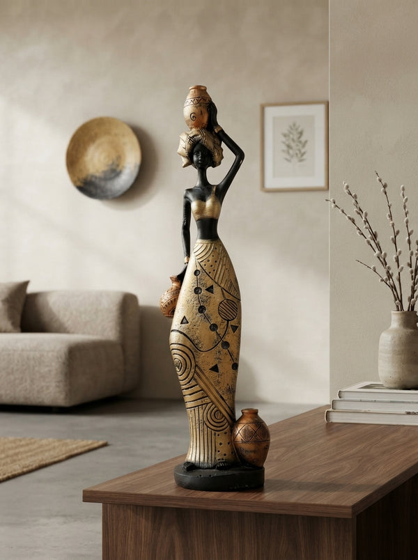 Black & Gold African Woman Figurine 17” | Decorative Showpiece
