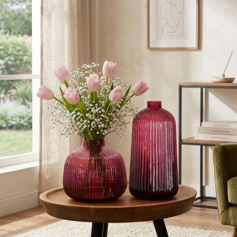 Ribbed Glass Flower Vases Set Decorative Centrepieces