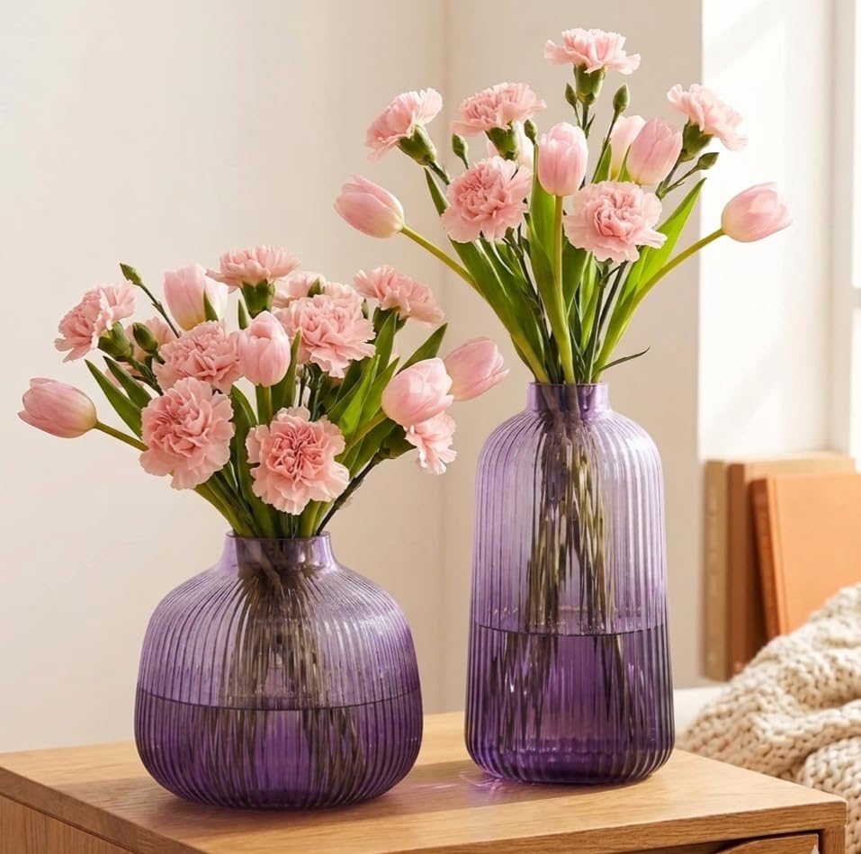 Ribbed Glass Flower Vases Set Decorative Centrepieces