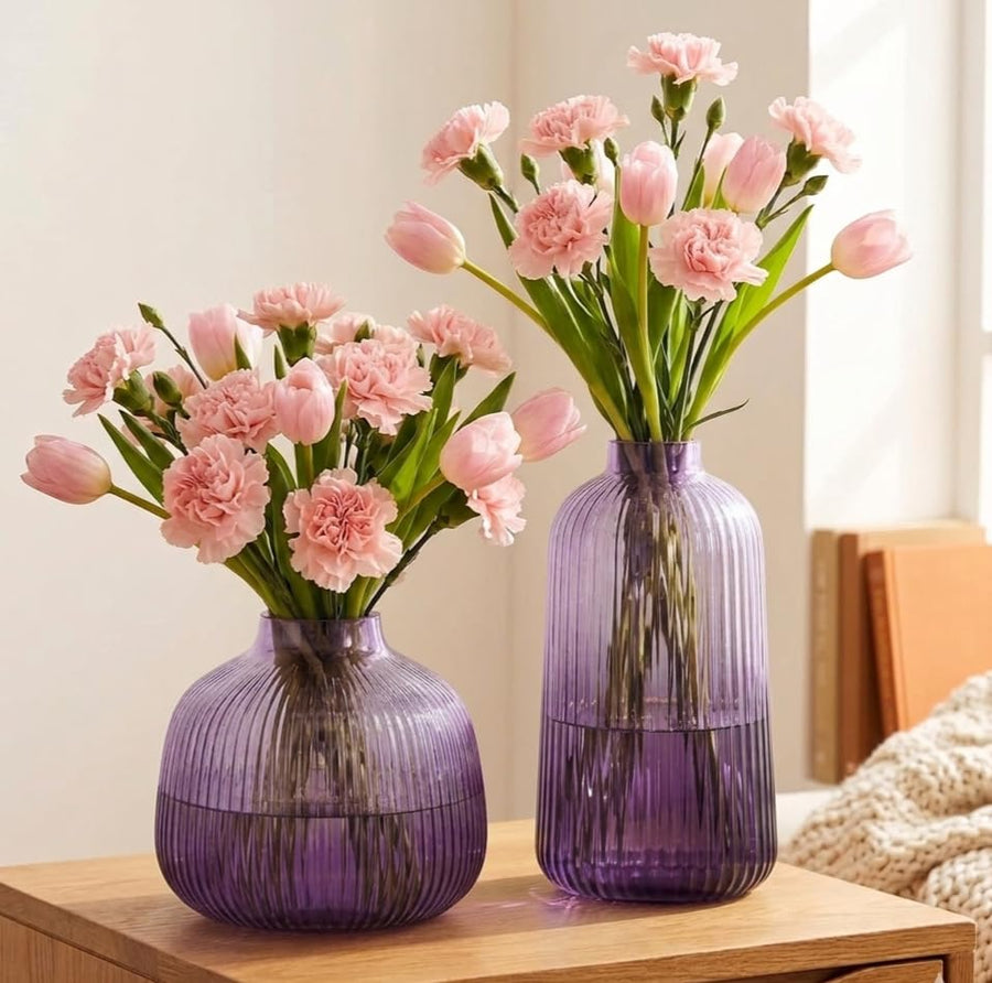 Ribbed Glass Flower Vases Set Decorative Centrepieces