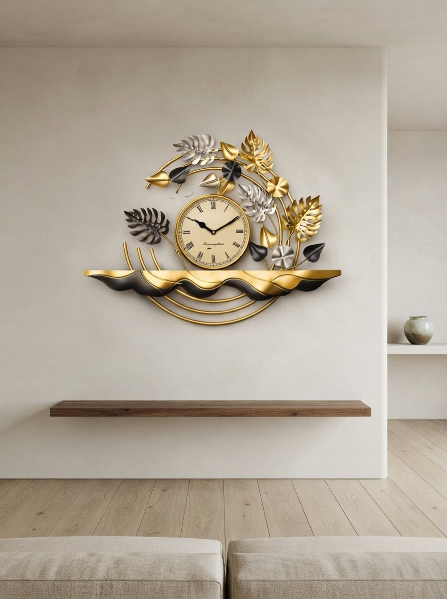 Decorative Leaf Wall Clock 28" x 25" – Elegant Metal Leaf Wall Clock for Living Room & Home Decor