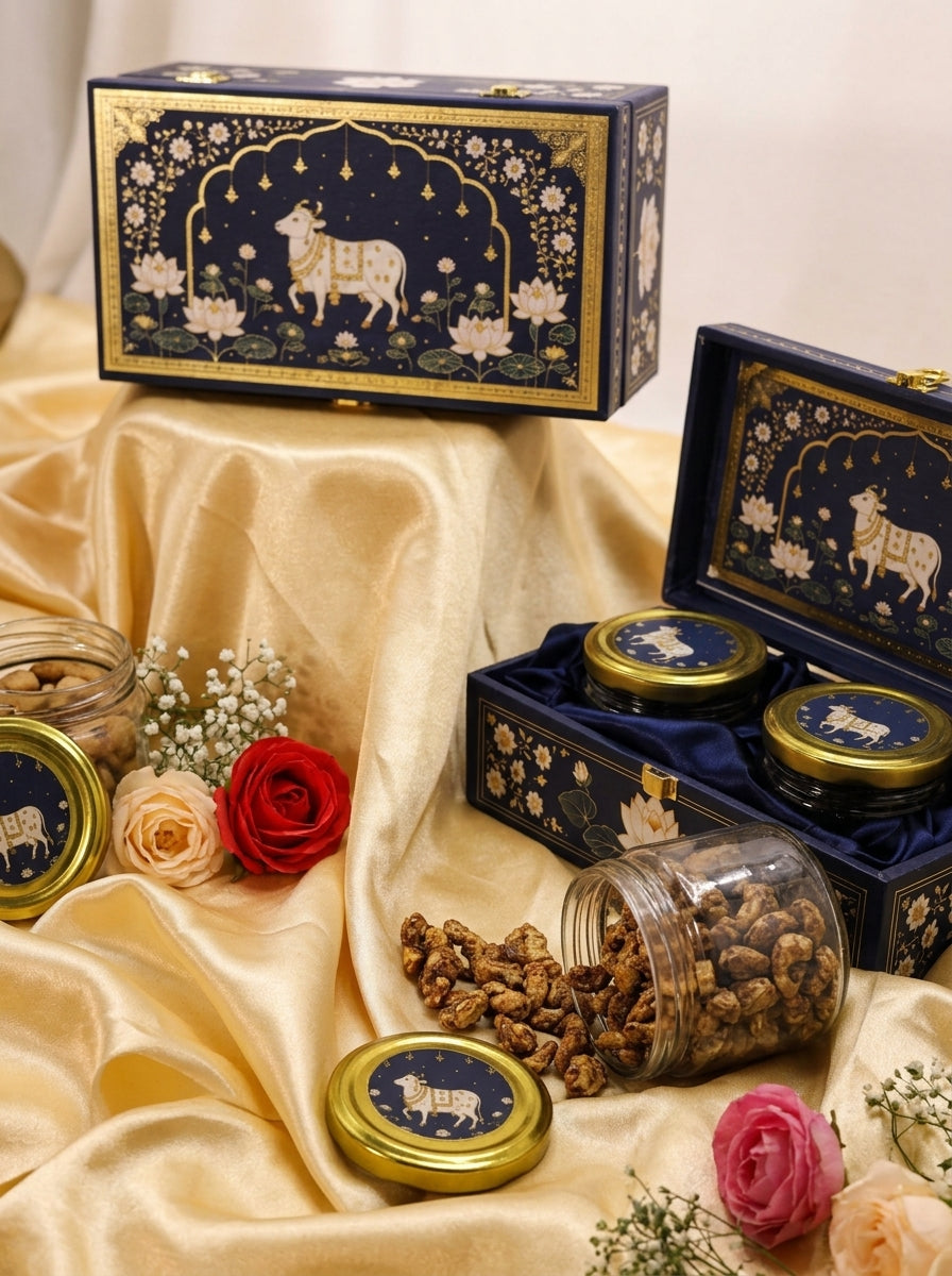 Pichwai Cow Gift Box with 2 Glass Jars | Navy & Gold Hamper