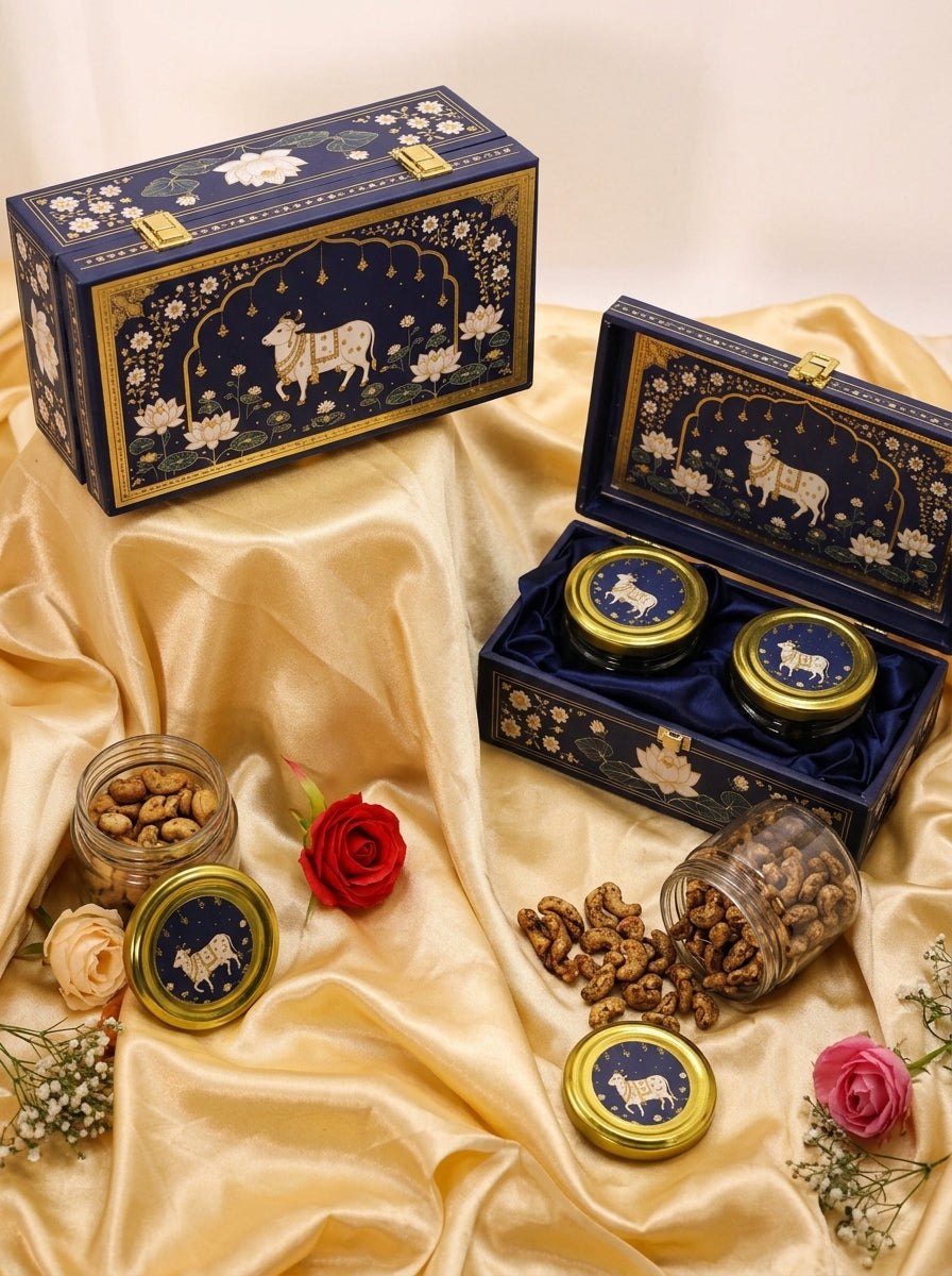 Pichwai Cow Gift Box with 2 Glass Jars | Navy & Gold Hamper