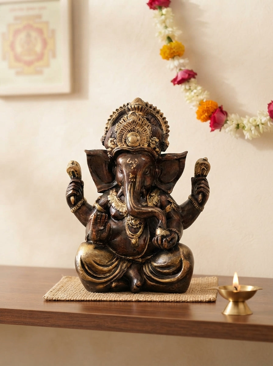 Bronze Antique Four-Armed Ganesha Statue 11.5" | Hindu Decor