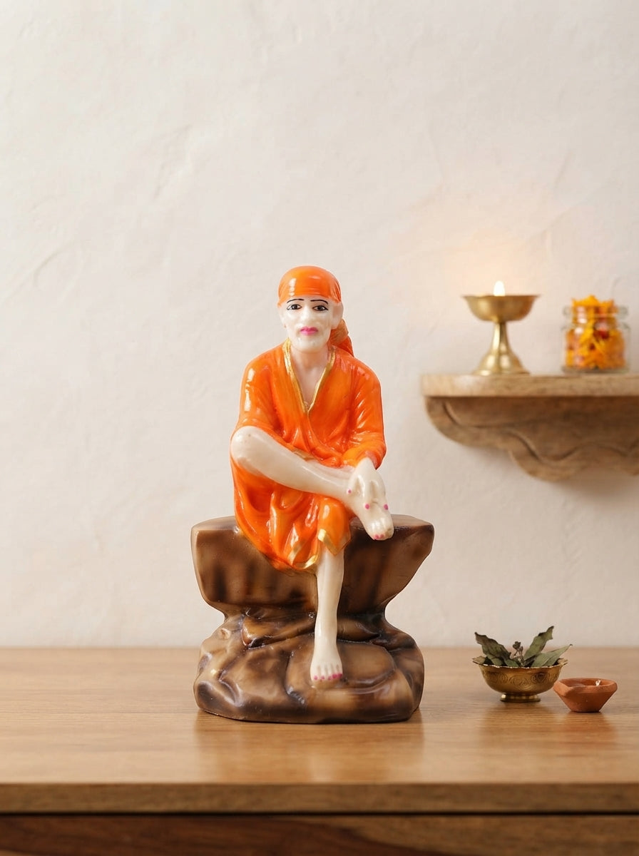 Sai Baba Statue 9.5" | White Marble Seated Figurine on Rock