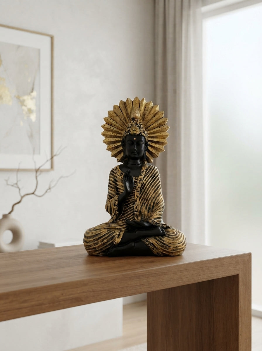 Buddha Statue Sunburst Halo | Black Gold Zen Decor Figurine