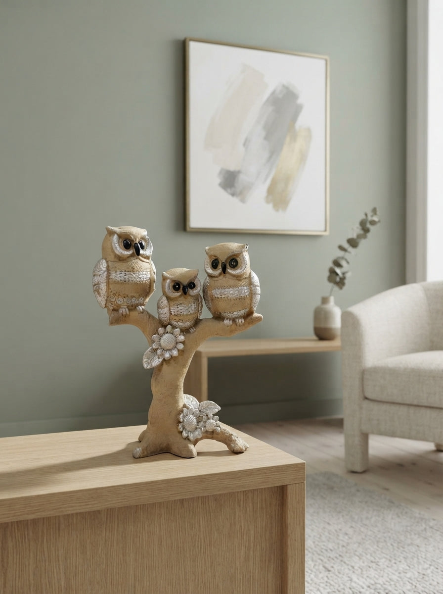Three Owls on Tree Branch Statue | Beige Silver Home Decor