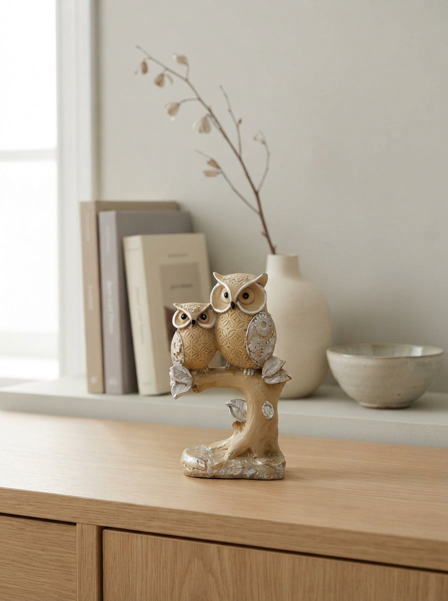 Two Owls on Tree Trunk Statue | Beige Silver Owl Figurine