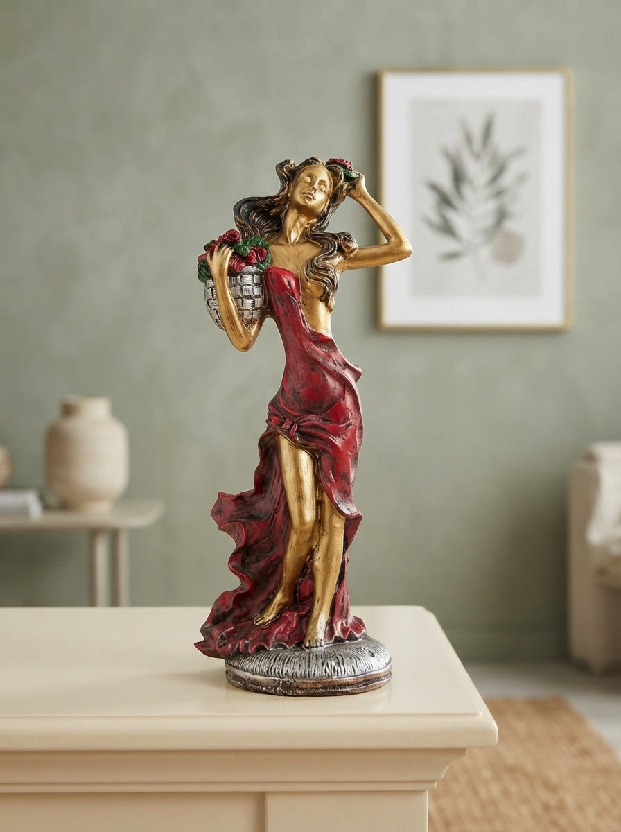 Flower Maiden Statue with Rose Basket | Bronze Art Nouveau