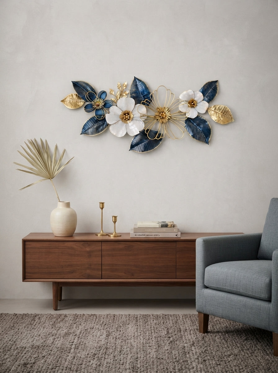 White and Golden Flowers Metal Wall Decor 50" x 26" – Elegant Large Flower Wall Art for Modern Home Interiors