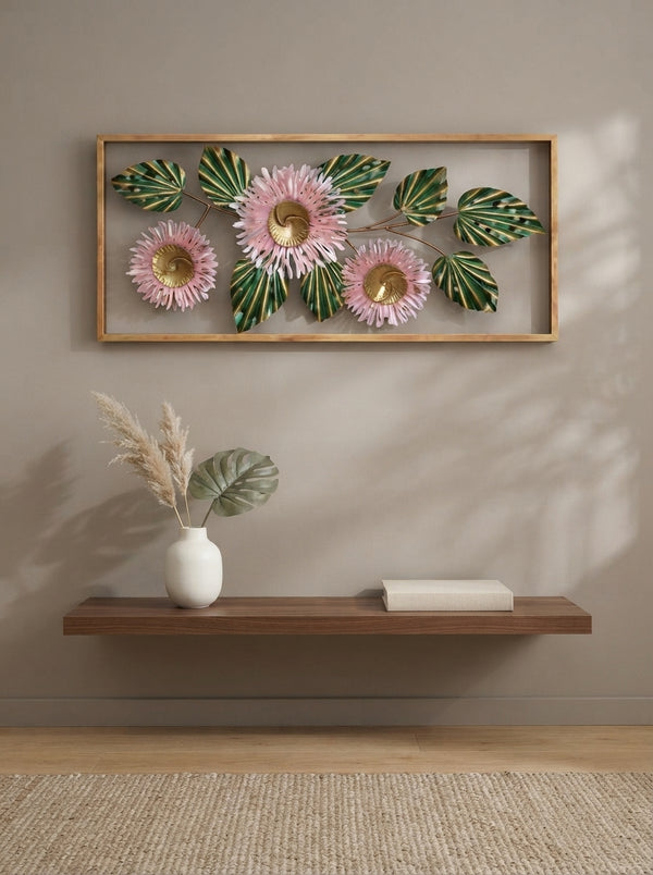 Framed 3 Flower Wall Art 38" x 18" – Decorative Metal Floral Wall Decor for Living Room & Bedroom