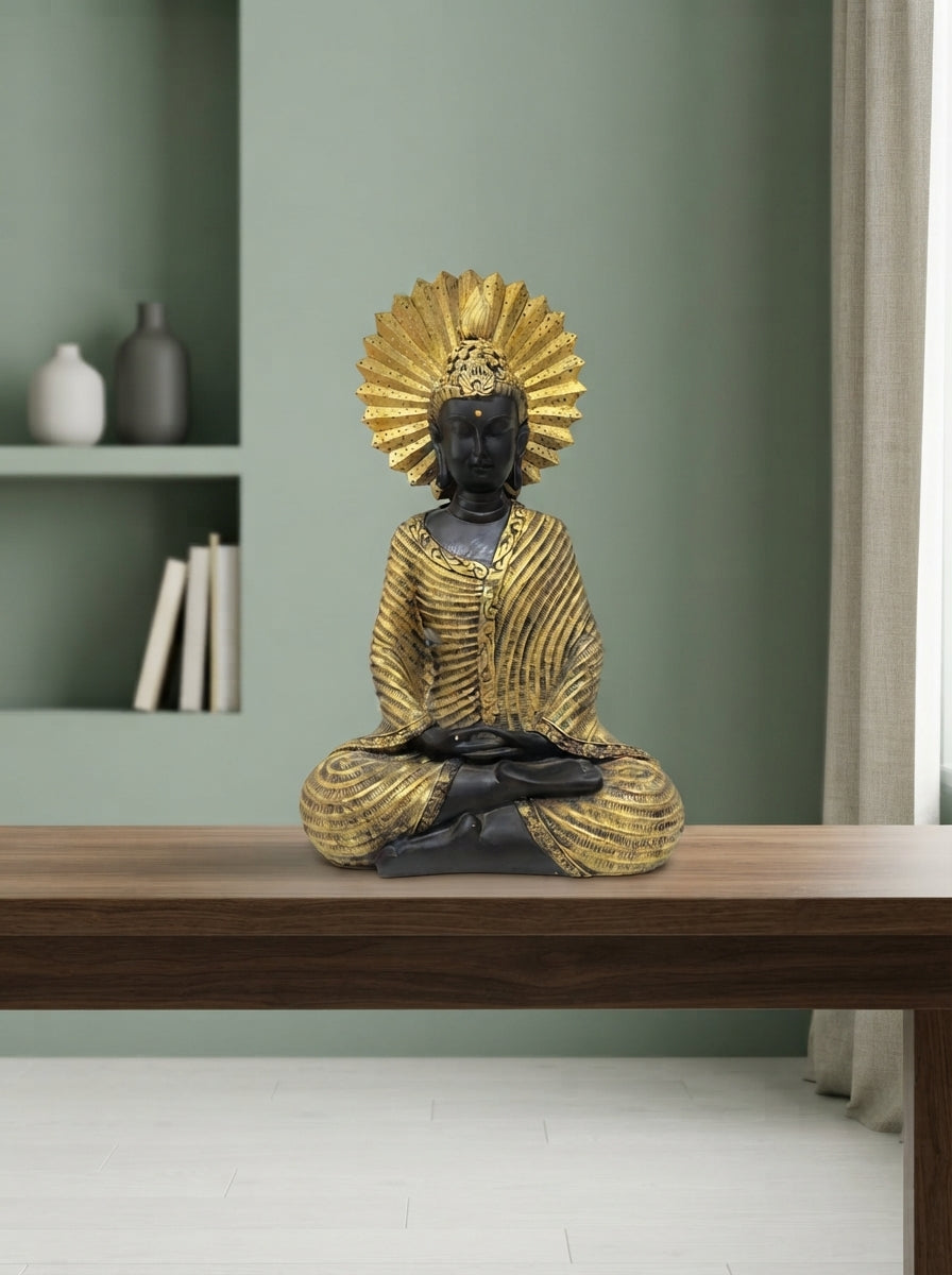 Buddha Statue Dhyana Mudra Halo | Black Gold Meditation Decor