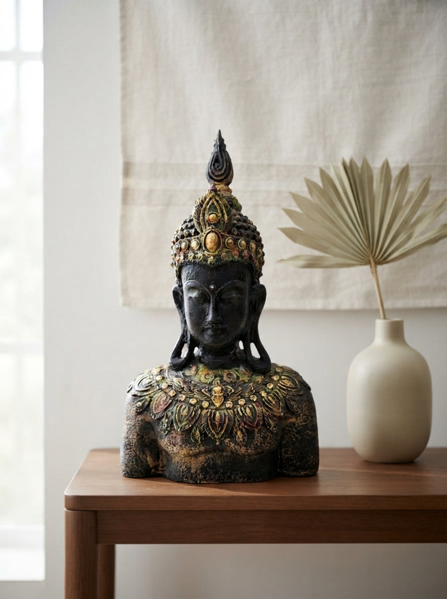 Crowned Buddha Bust Statue | Black Gold Jeweled Headdress