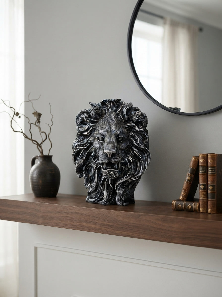 Silver Lion Head Statue with Horns | Mythical Beast Decor