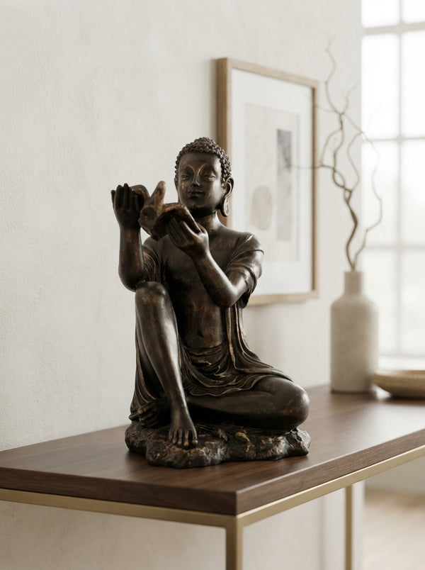 Copper, Black Gold Seated Figure with Bird Statue | Zen Decor Sculpture