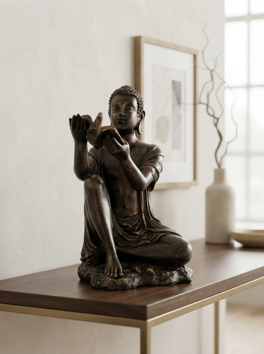 Copper, Black Gold Seated Figure with Bird Statue | Zen Decor Sculpture