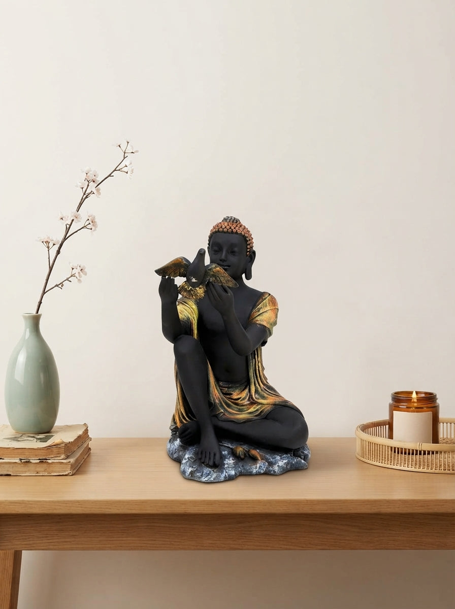 Copper, Black Gold Seated Figure with Bird Statue | Zen Decor Sculpture