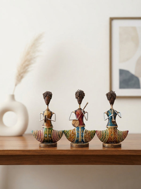Set of 3 Metal Musician Figurines | Hand-Painted Folk Decor