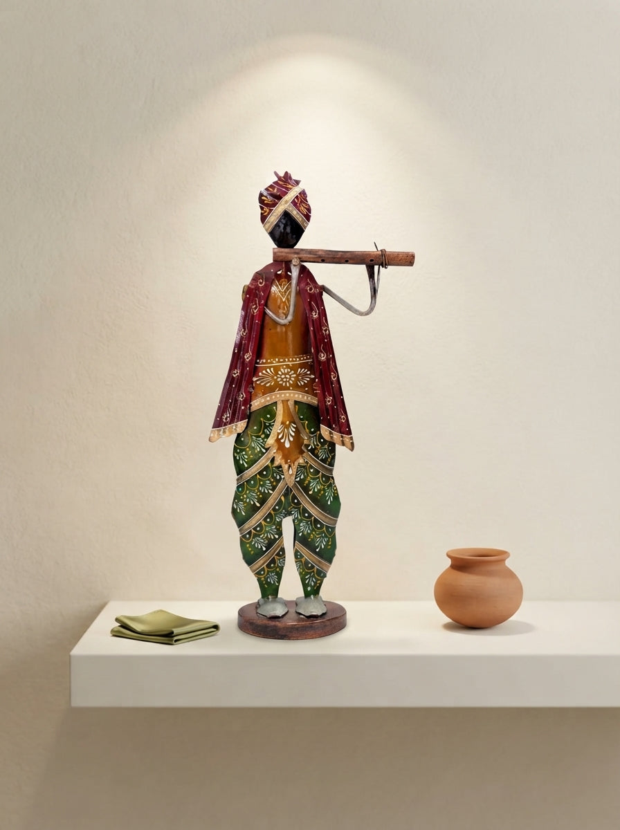 Metal Flute Player Figurine | Rajasthani Folk Musician Decor