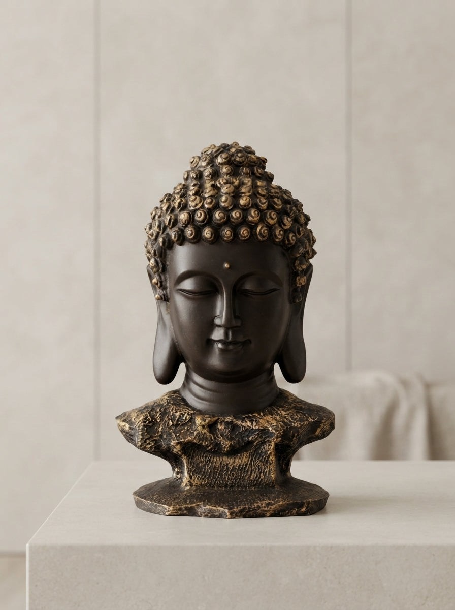Buddha Head Bust Statue 16" | Black Gold Serene Face Decor