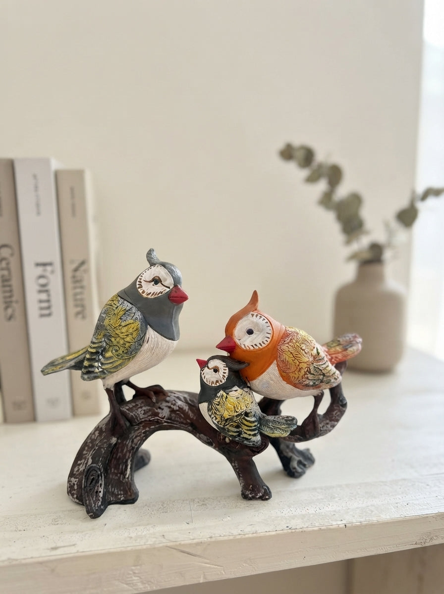 Colorful Owl Family Statue | Hand Painted Branch Figurine