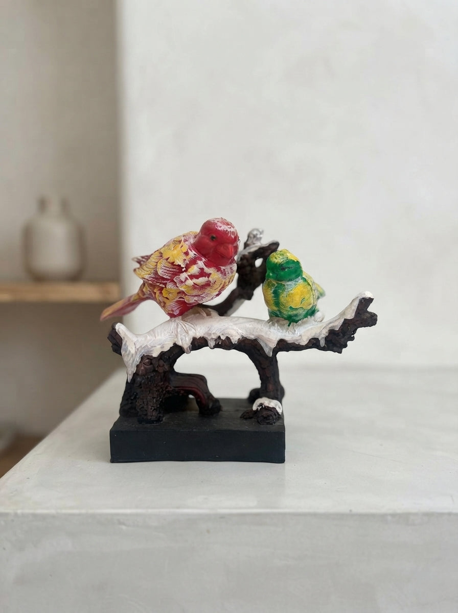 Colorful Birds on Snowy Branch Statue | Winter Bird Decor