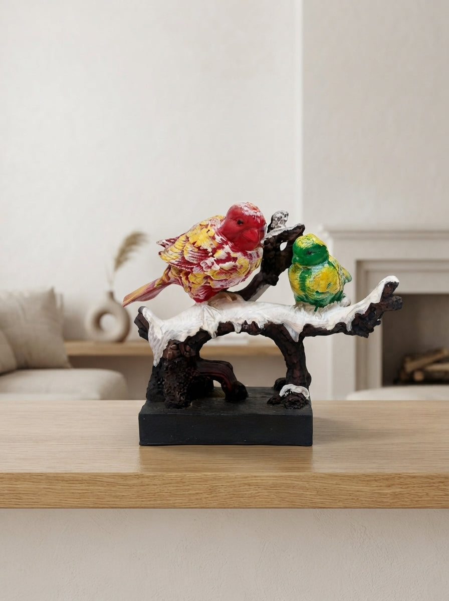 Colorful Birds on Snowy Branch Statue | Winter Bird Decor