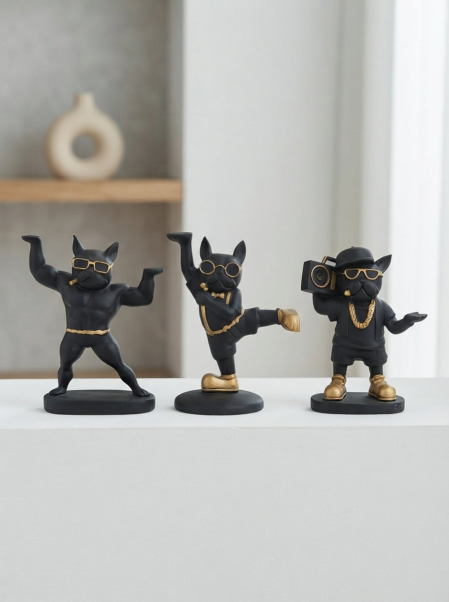 Gangster French Bulldog Statue Set | Black Gold Dog Figurine