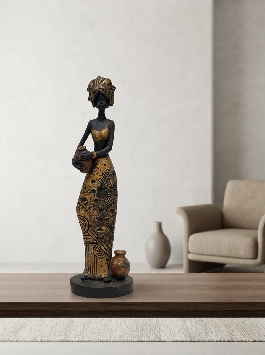 African Woman Statue with Pots 11.8" | Black Gold Tribal Figurine