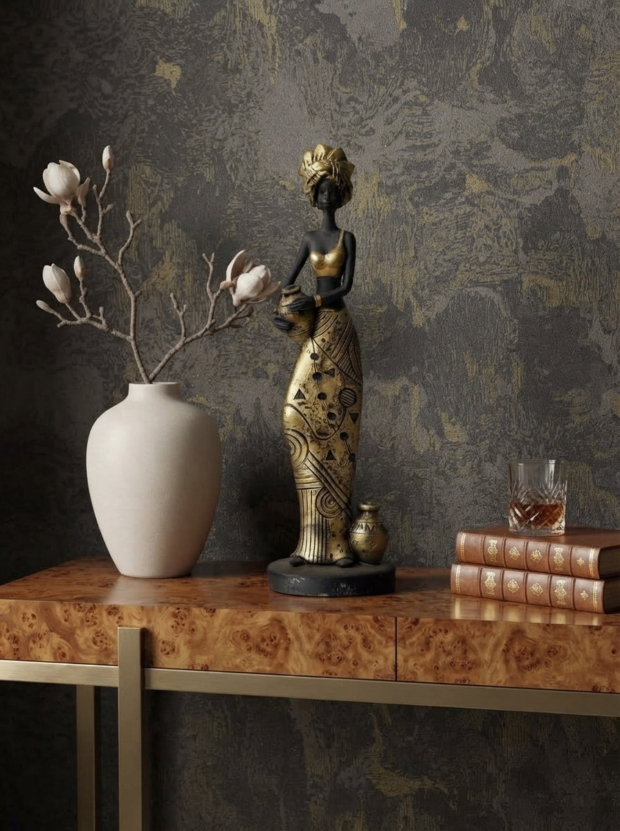 African Woman Statue with Pots 11.8" | Black Gold Tribal Figurine