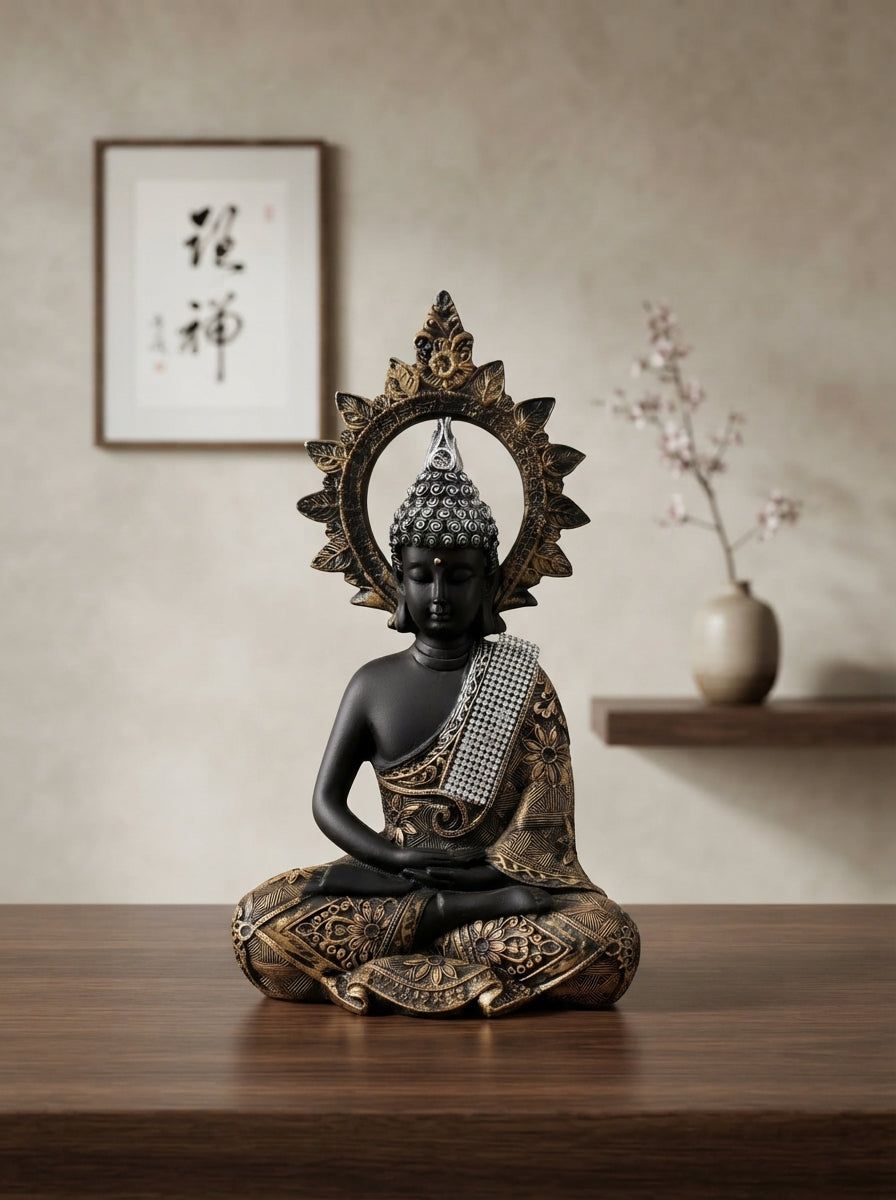 Meditating Buddha Statue Silver Crown 12.5" | Black Gold Halo Decor