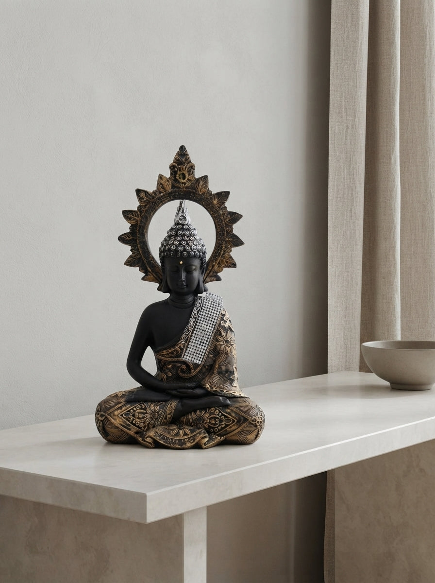 Meditating Buddha Statue Silver Crown 12.5" | Black Gold Halo Decor