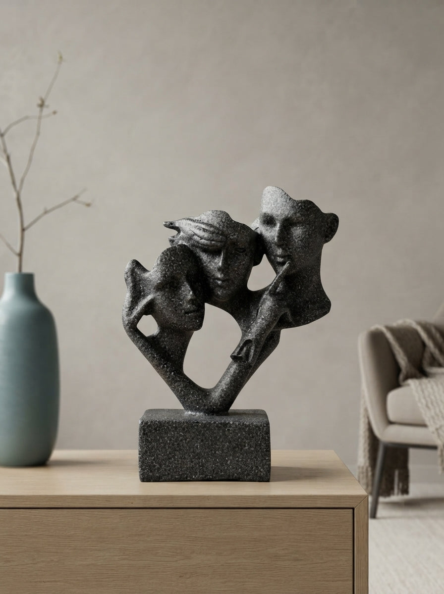 Three Faces Abstract Sculpture | Gray Stone Art Statue