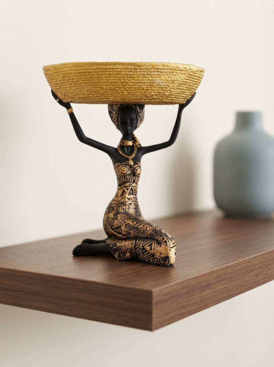 African Woman Tray Holder Statue 8" | Black Gold Woven Bowl