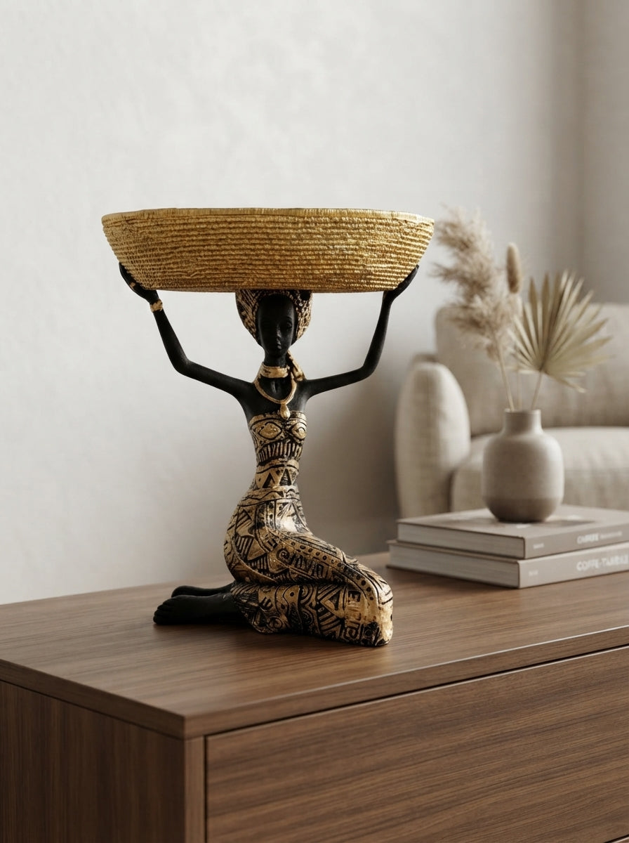 African Woman Tray Holder Statue 8" | Black Gold Woven Bowl